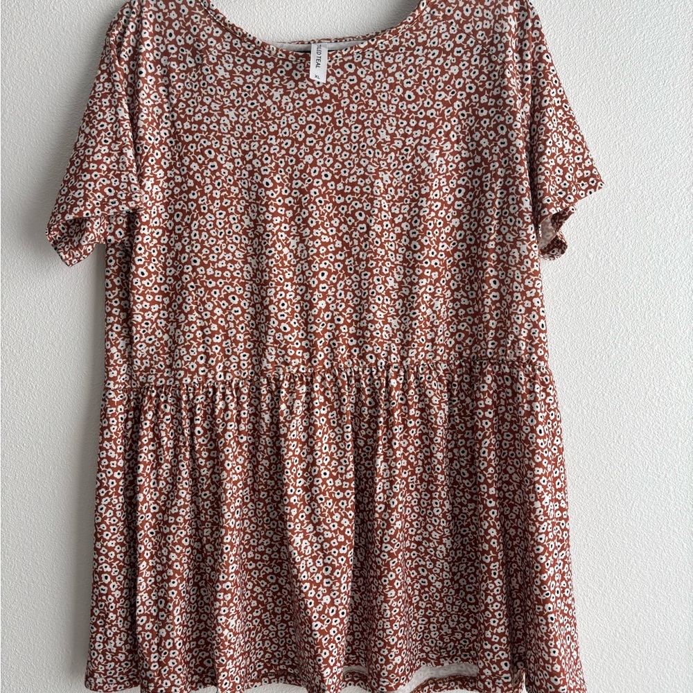 Tickled Teal Brown Short Sleeve Peplum Blouse